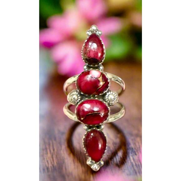 LStunning Red Rose Dahlia Teardrop Four Stone Long Ring Size 8 - Picture 5 of 8